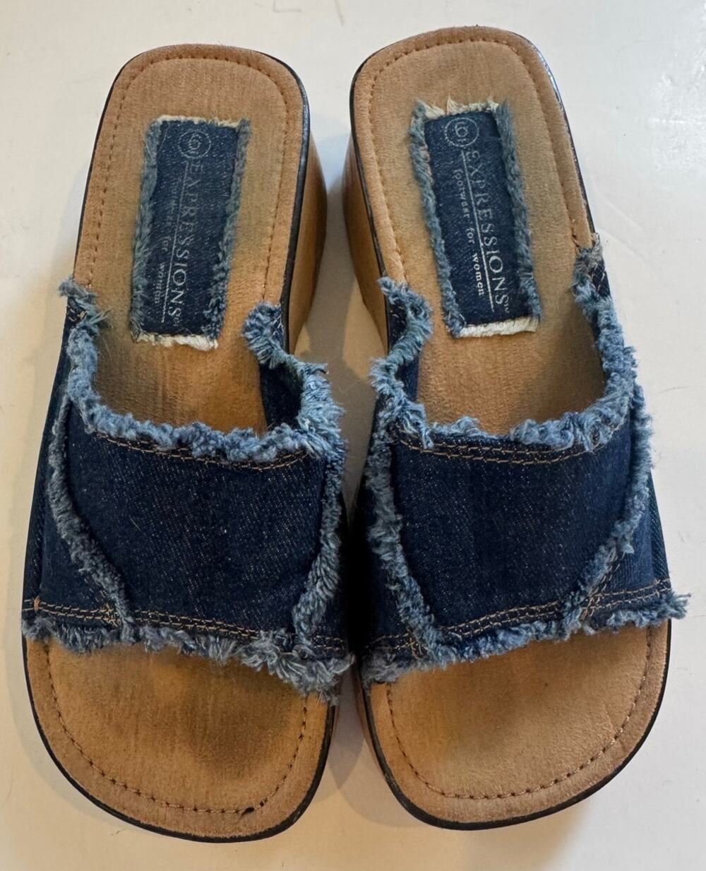 Vtg Expressions Slide On Sandals Denim Upper Sz 6 Women's